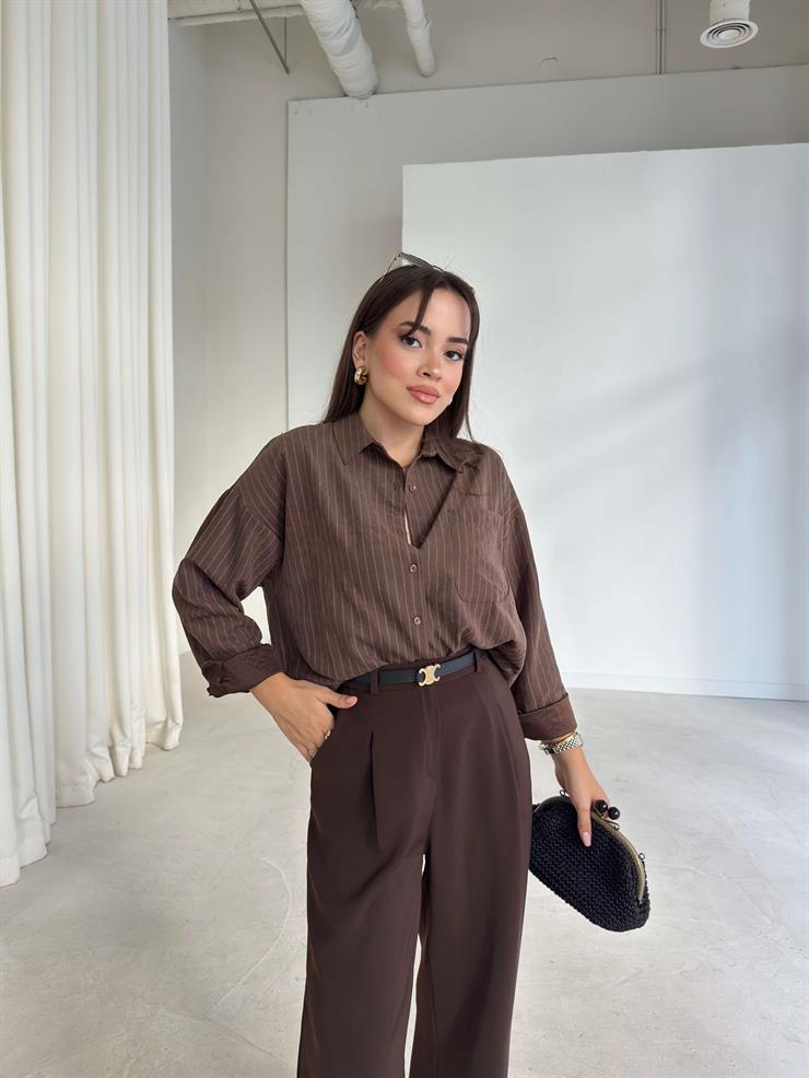 Çizgili Cepli Cyrus Kahve Kadın Boyfriend Gömlek 26K216