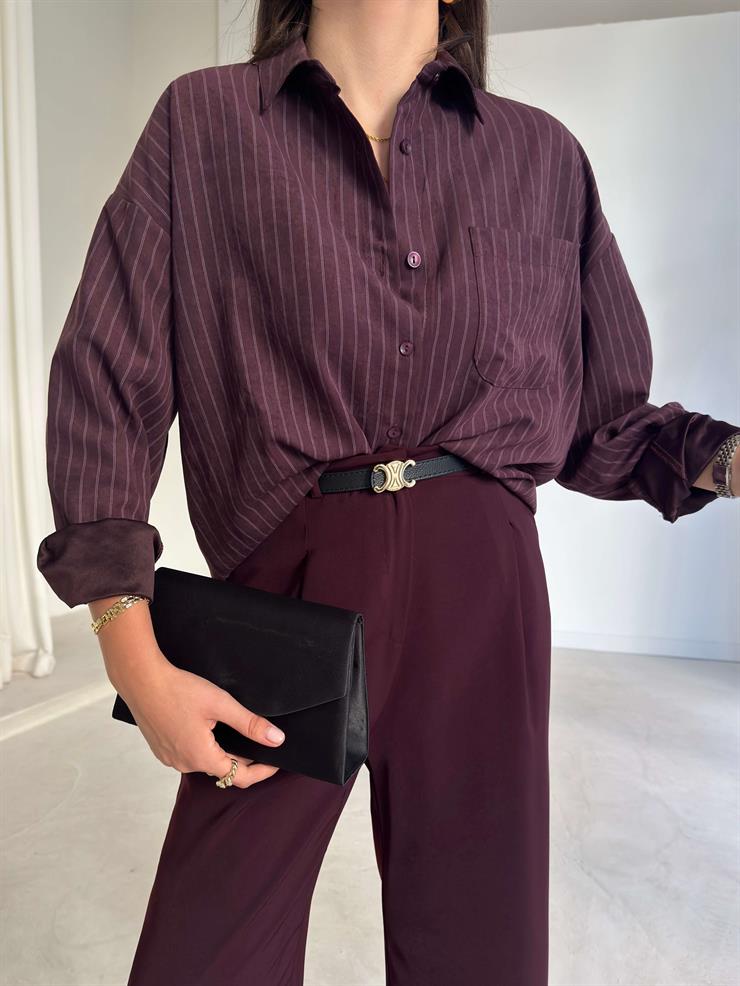 Çizgili Cepli Cyrus Mürdüm Kadın Boyfriend Gömlek 26K216