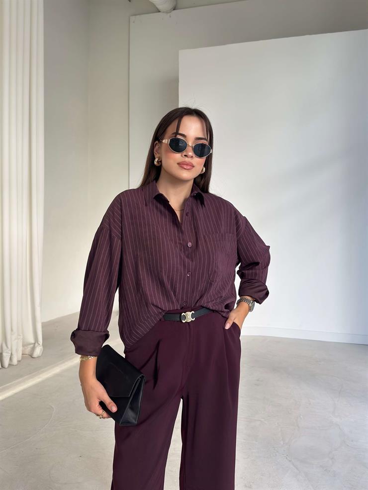 Çizgili Cepli Cyrus Mürdüm Kadın Boyfriend Gömlek 26K216