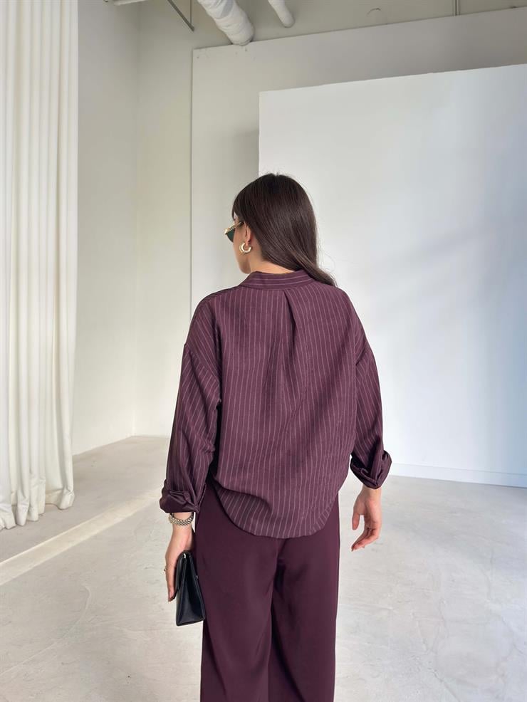 Çizgili Cepli Cyrus Mürdüm Kadın Boyfriend Gömlek 26K216