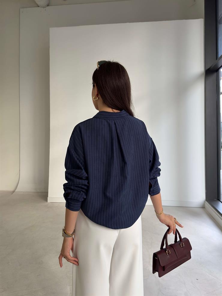 Çizgili Cepli Cyrus Lacivert Kadın Boyfriend Gömlek 26K216