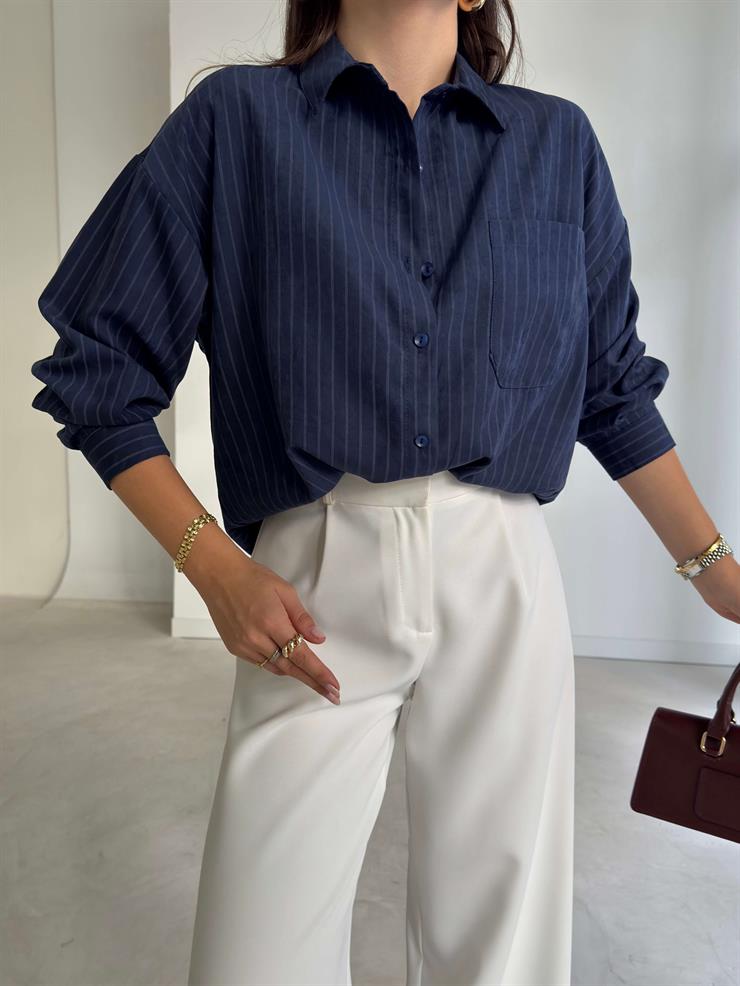 Çizgili Cepli Cyrus Lacivert Kadın Boyfriend Gömlek 26K216