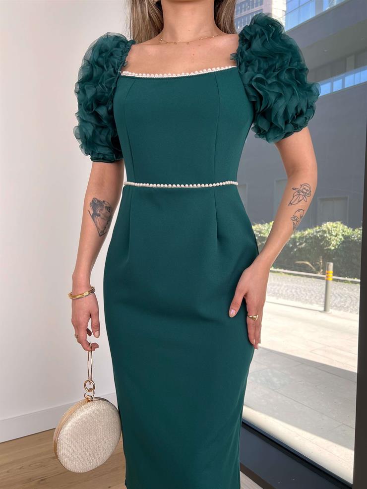 Kare Yaka Balon Kol İnci Detaylı Dael Kadın Zümrüt Midi Elbise 24Y512