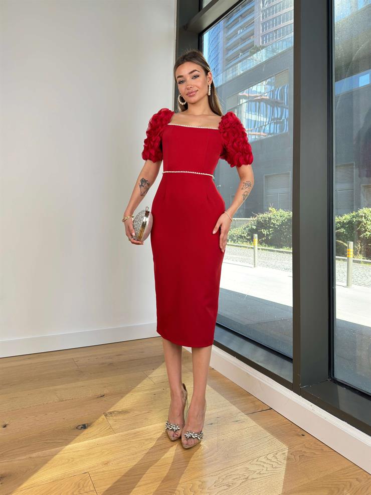 Kare Yaka Balon Kol İnci Detaylı Dael Kadın Kırmızı Midi Elbise 24Y512