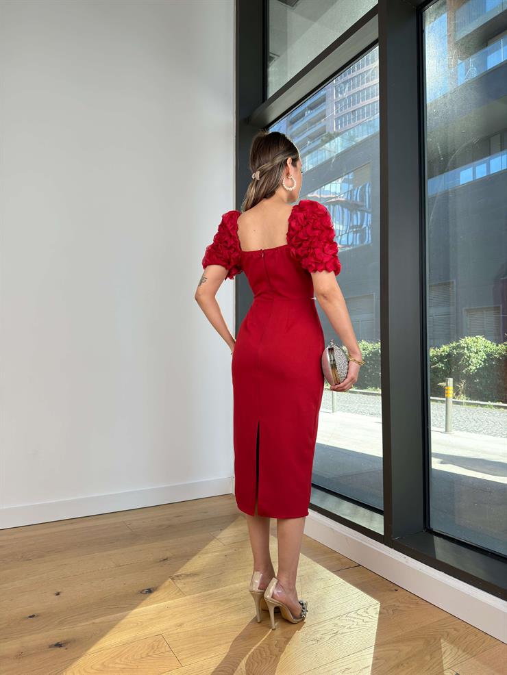 Kare Yaka Balon Kol İnci Detaylı Dael Kadın Kırmızı Midi Elbise 24Y512