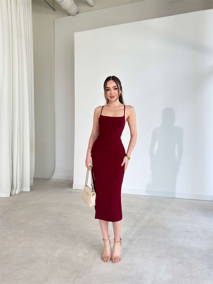 Sırtı İp Bağlamalı Arkası Drapeli Yırtmaçlı Dafi Bordo Kadın Elbise 26Y100