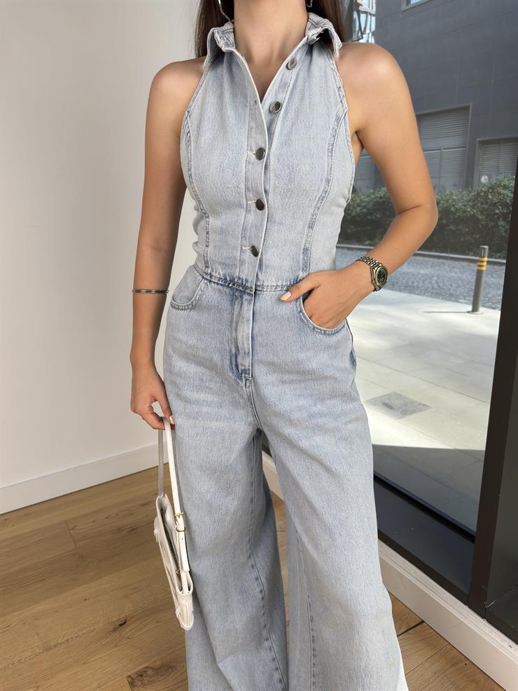 Sırt Dekolteli Boyundan Bağlamalı Daila Kot Kadın  Tulum 25Y547