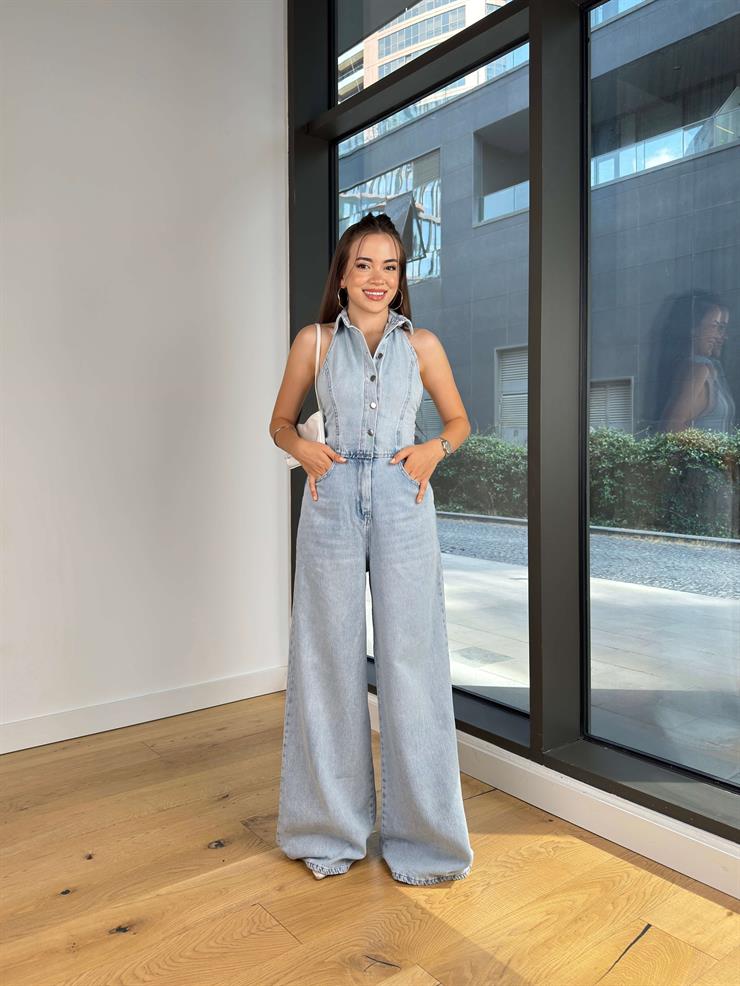 Sırt Dekolteli Boyundan Bağlamalı Daila Kot Kadın  Tulum 25Y547