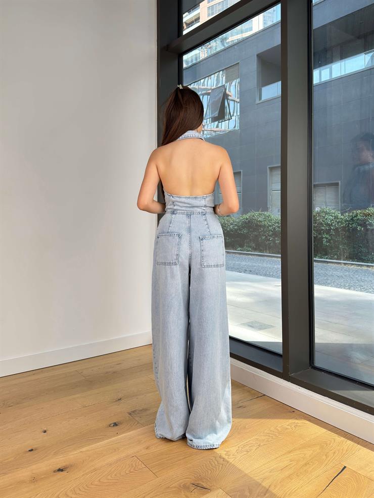 Sırt Dekolteli Boyundan Bağlamalı Daila Kot Kadın  Tulum 25Y547