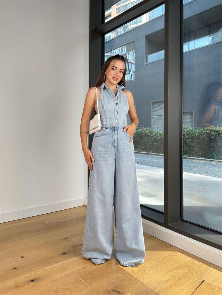 Sırt Dekolteli Boyundan Bağlamalı Daila Kot Kadın  Tulum 25Y547