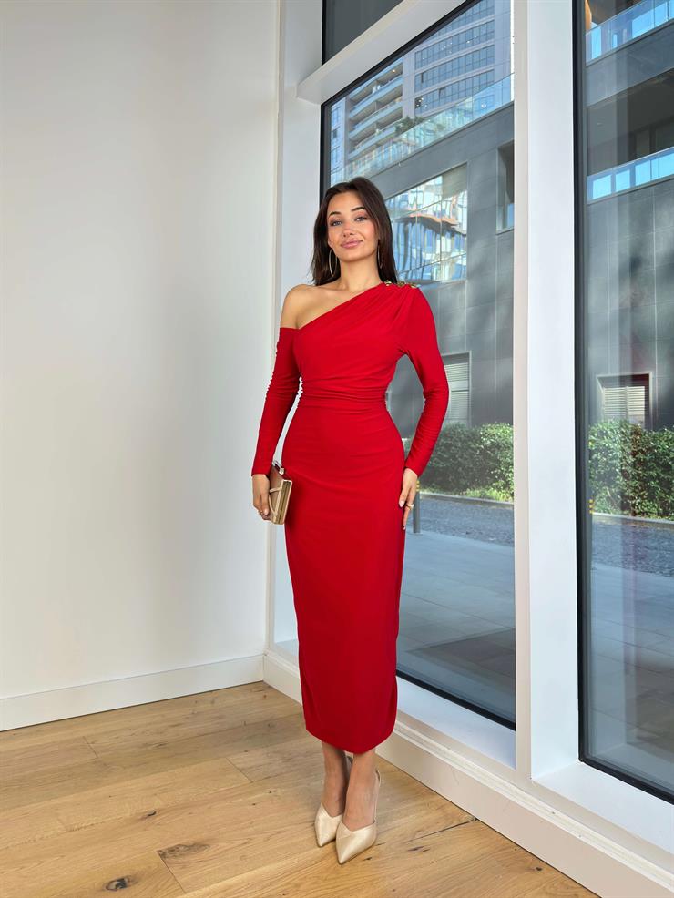 Tek Omuz Aksesuarlı Streç Drapeli Uzun Kol Dajana Kırmızı Kadın Elbise 25K183