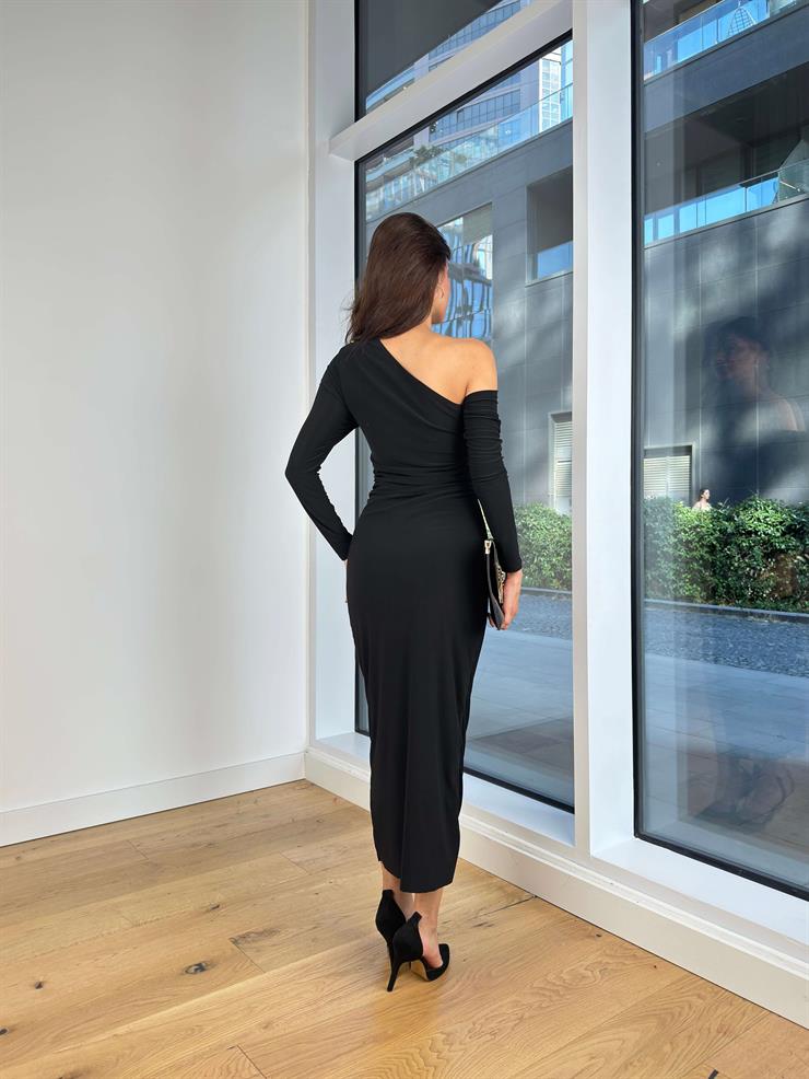 Tek Omuz Aksesuarlı Streç Drapeli Uzun Kol Dajana Siyah Kadın Elbise 25K183