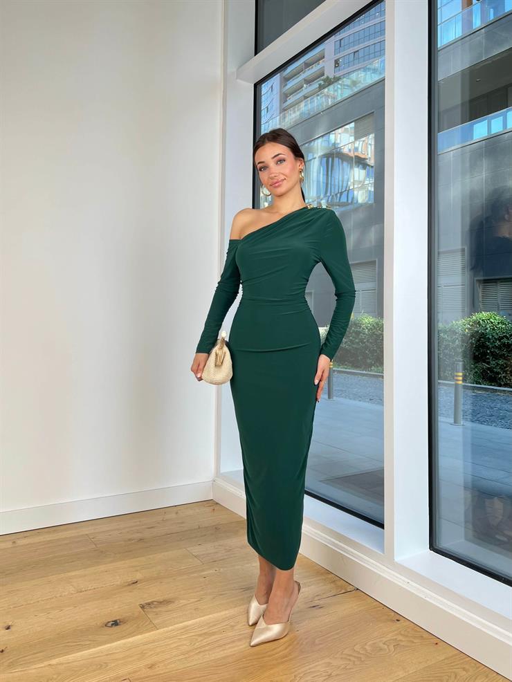 Tek Omuz Aksesuarlı Streç Drapeli Uzun Kol Dajana Zümrüt Kadın Elbise 25K183