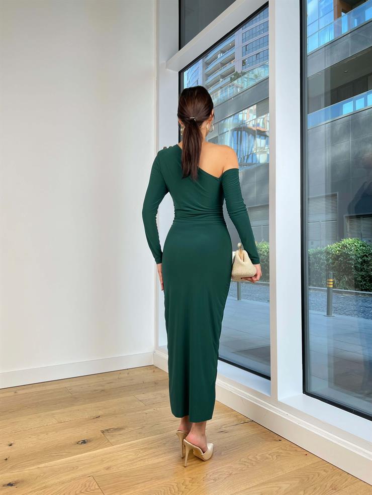 Tek Omuz Aksesuarlı Streç Drapeli Uzun Kol Dajana Zümrüt Kadın Elbise 25K183