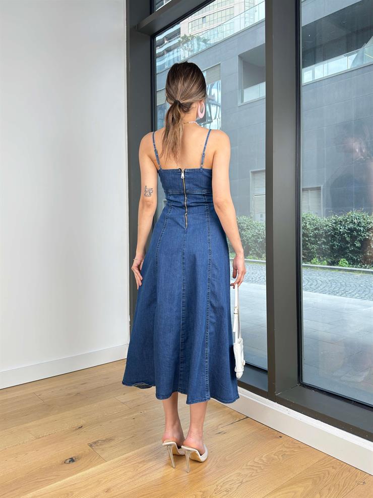 Kalp Yaka İnce Askılı Dalendi Mavi Kadın Kot Elbise 25Y201