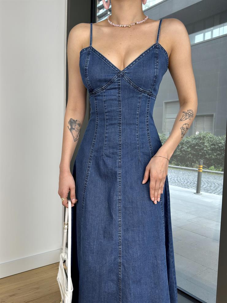 Kalp Yaka İnce Askılı Dalendi Mavi Kadın Kot Elbise 25Y201