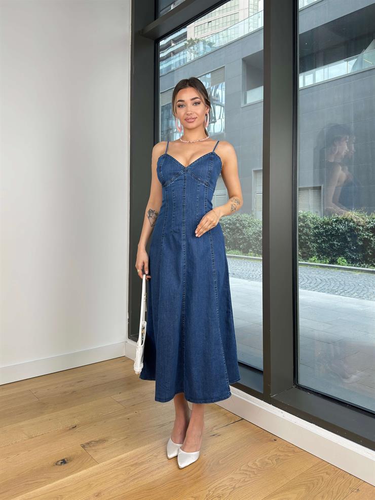 Kalp Yaka İnce Askılı Dalendi Mavi Kadın Kot Elbise 25Y201