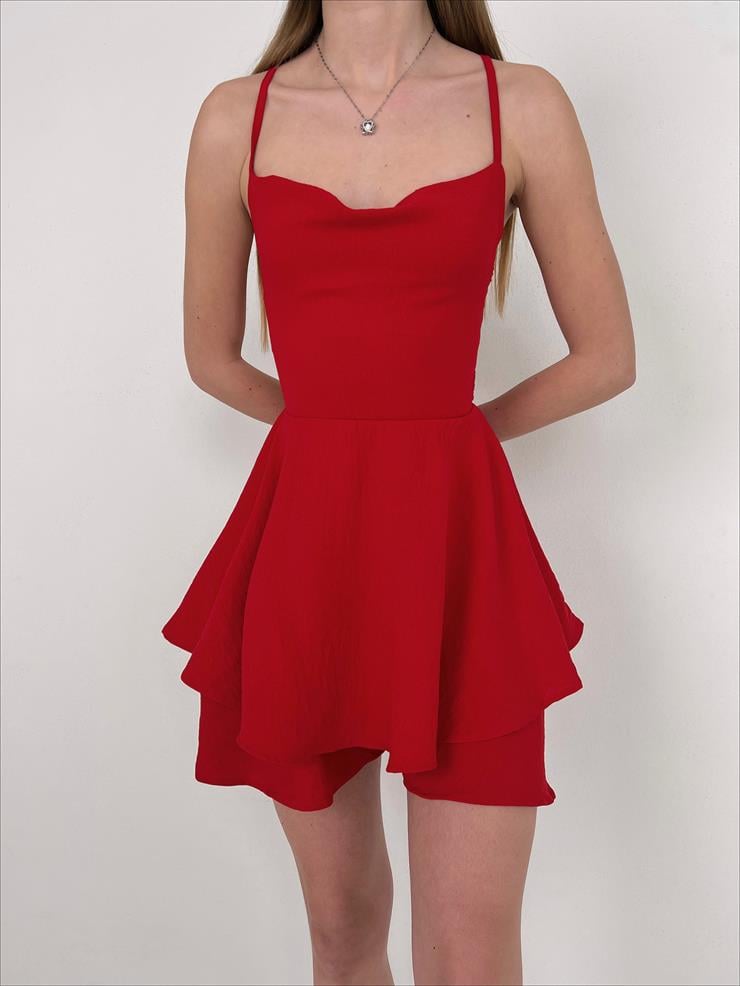 Sırt Dekolteli Volanlı Dalia Kadın Kırmızı Şort Tulum 22Y000075