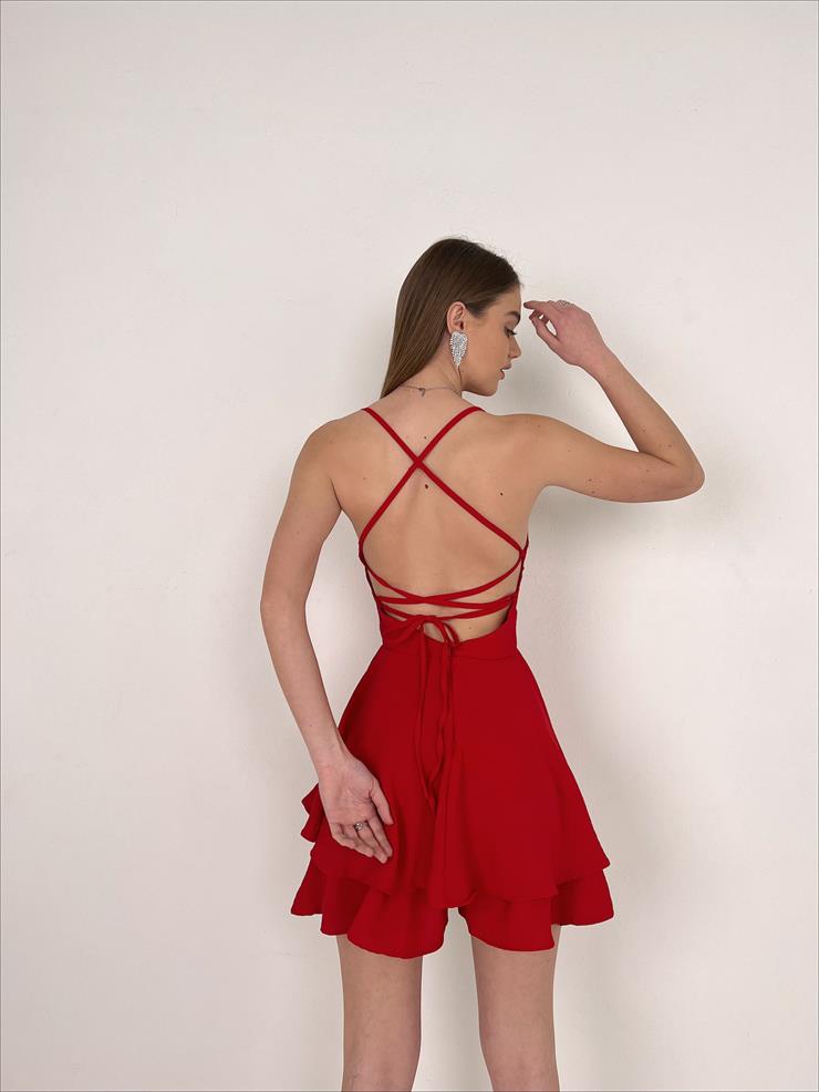 Sırt Dekolteli Volanlı Dalia Kadın Kırmızı Şort Tulum 22Y000075
