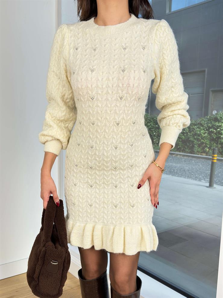 Uzun Kol İnci Detaylı Dalil Ekru Kadın Triko Mini Elbise 25K292