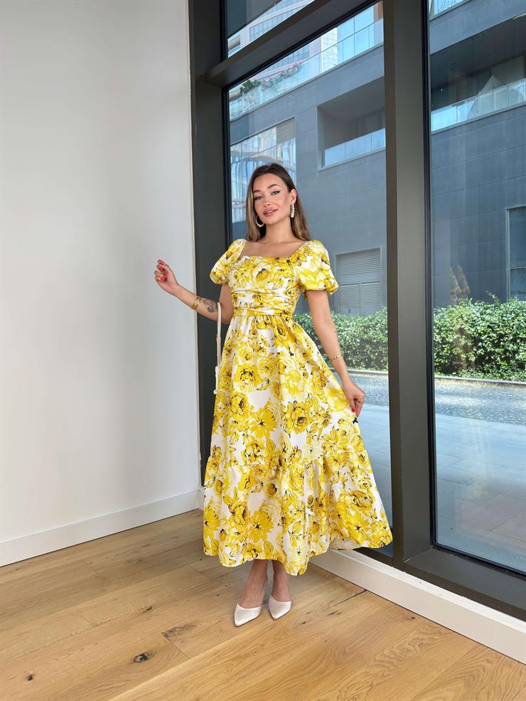 Kare Yaka Balon Kol Drapeli Dalim Sarı Kadın Çiçekli Elbise 25Y441