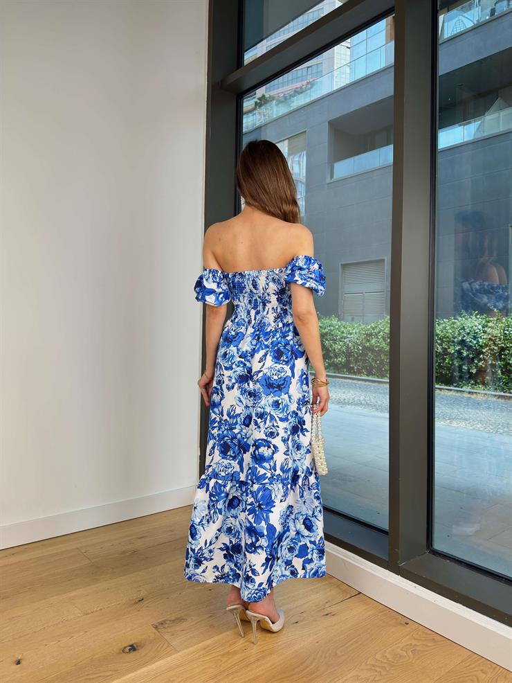 Kare Yaka Balon Kol Drapeli Dalim Mavi Kadın Çiçekli Elbise 25Y441