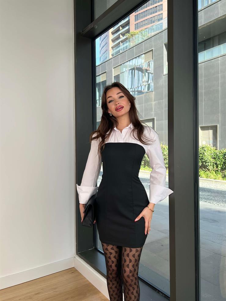 Gömlekli Daline Kadın Siyah Mini Elbise 24Y048