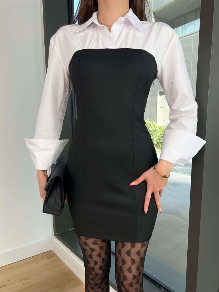 Gömlekli Daline Kadın Siyah Mini Elbise 24Y048