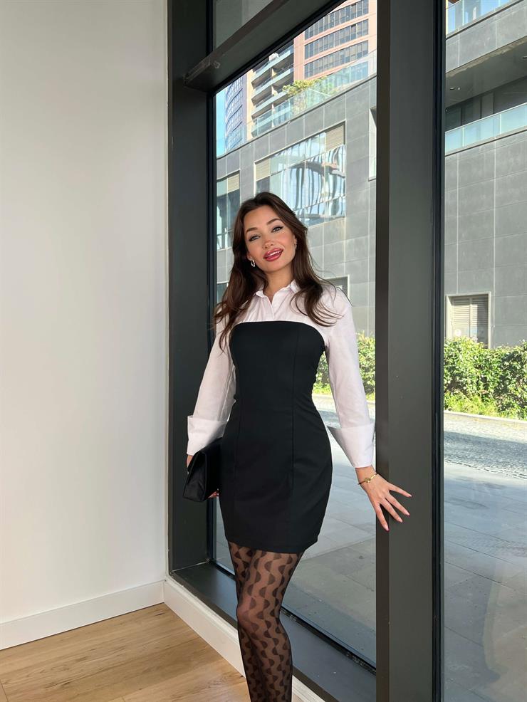 Gömlekli Daline Kadın Siyah Mini Elbise 24Y048
