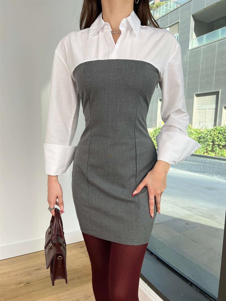 Gömlekli Daline Kadın Gri Mini Elbise 24Y048