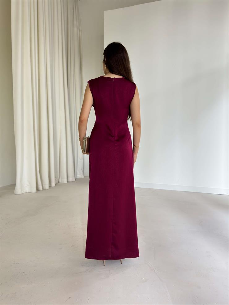 Bel Aksesuarı Detaylı Yırtmaçlı Maxi Boy Dalinma Bordo Kadın elbise 26K001