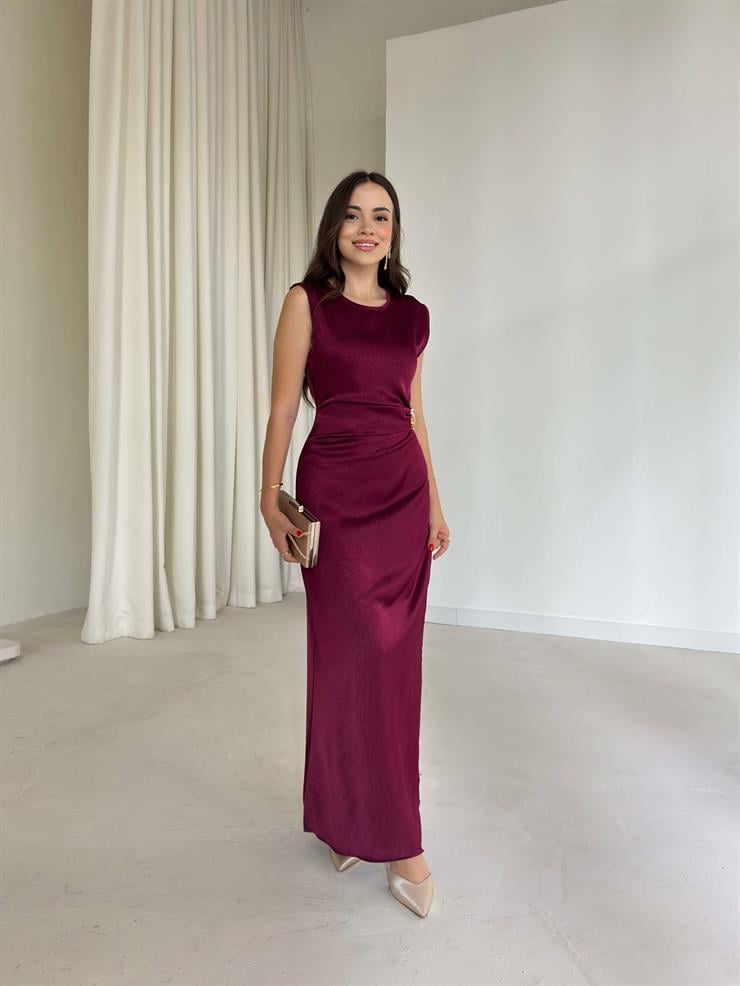 Bel Aksesuarı Detaylı Yırtmaçlı Maxi Boy Dalinma Bordo Kadın elbise 26K001