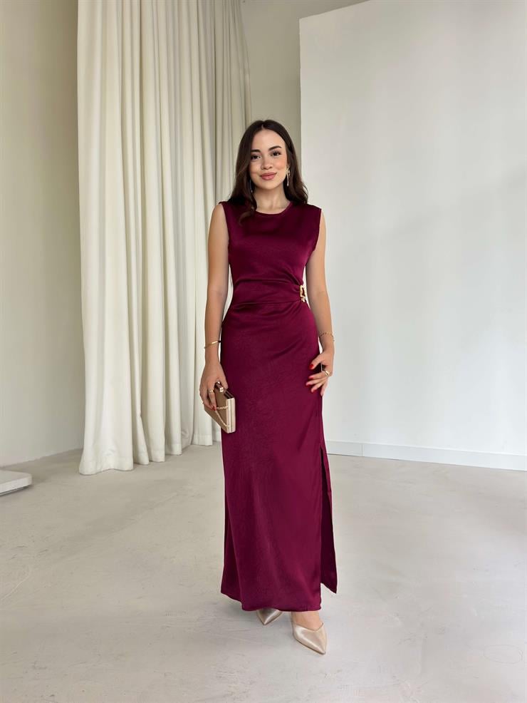 Bel Aksesuarı Detaylı Yırtmaçlı Maxi Boy Dalinma Bordo Kadın elbise 26K001
