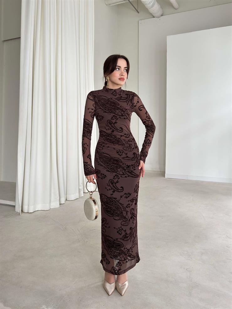 Desenli Kolları Tül Drape Detaylı Dalmire Kahve Kadın Elbise 26K351