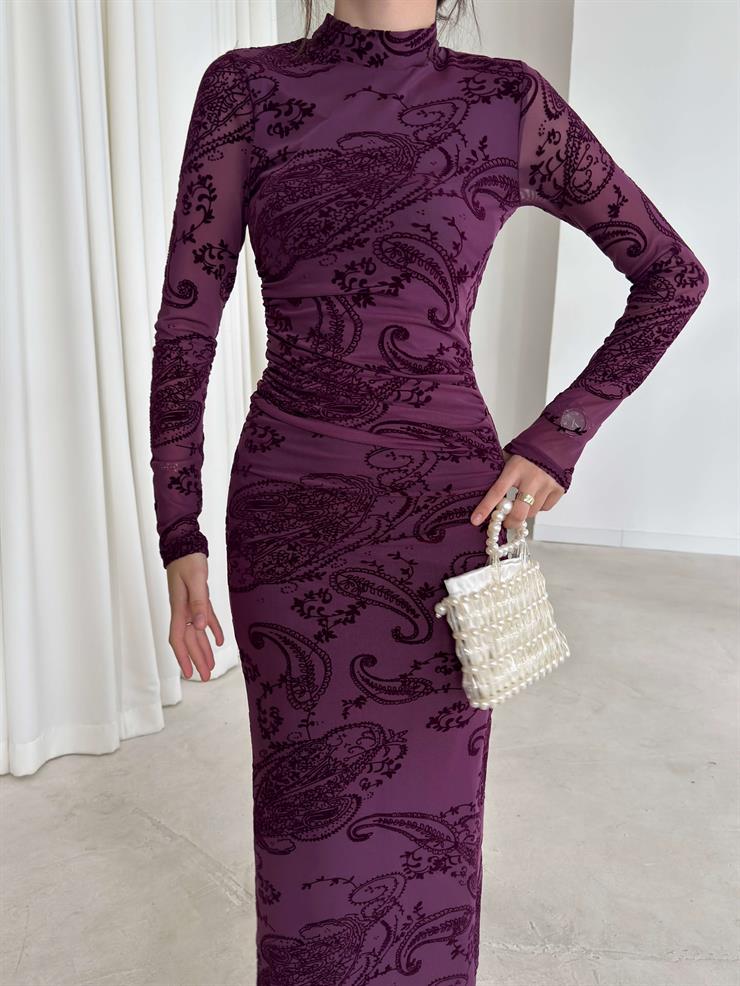 Desenli Kolları Tül Drape Detaylı Dalmire Mor Kadın Elbise 26K351