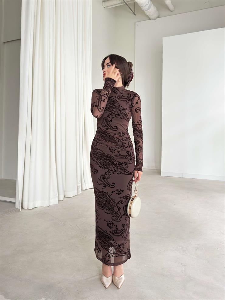 Desenli Kolları Tül Drape Detaylı Dalmire Kahve Kadın Elbise 26K351