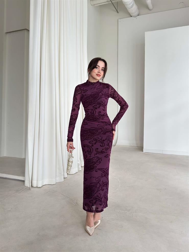 Desenli Kolları Tül Drape Detaylı Dalmire Mor Kadın Elbise 26K351