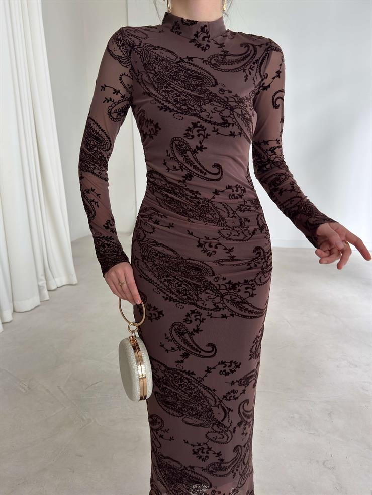 Desenli Kolları Tül Drape Detaylı Dalmire Kahve Kadın Elbise 26K351