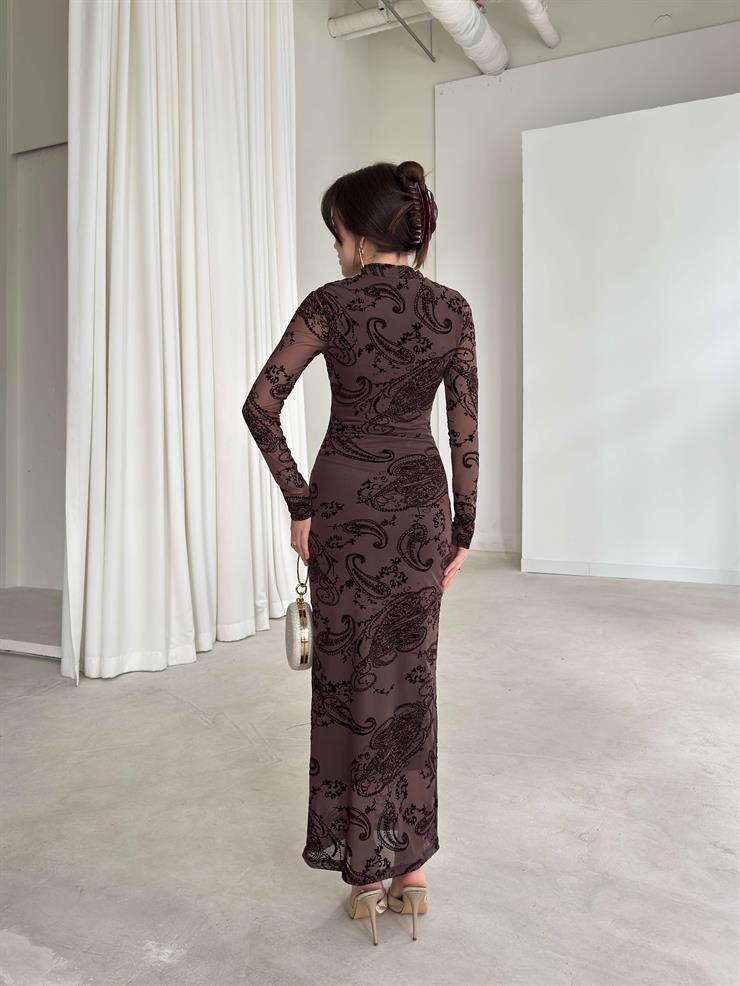 Desenli Kolları Tül Drape Detaylı Dalmire Kahve Kadın Elbise 26K351