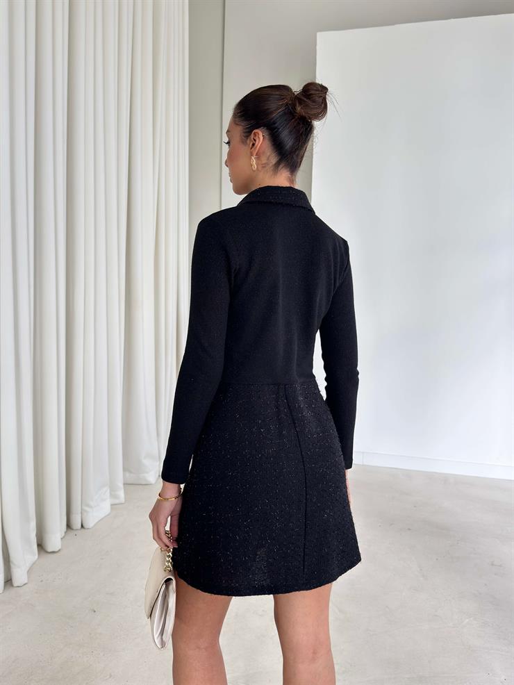 Yarım Pileli Önü Düğmeli Cep Görünümlü Dalre Siyah Kadın Elbise 26K292