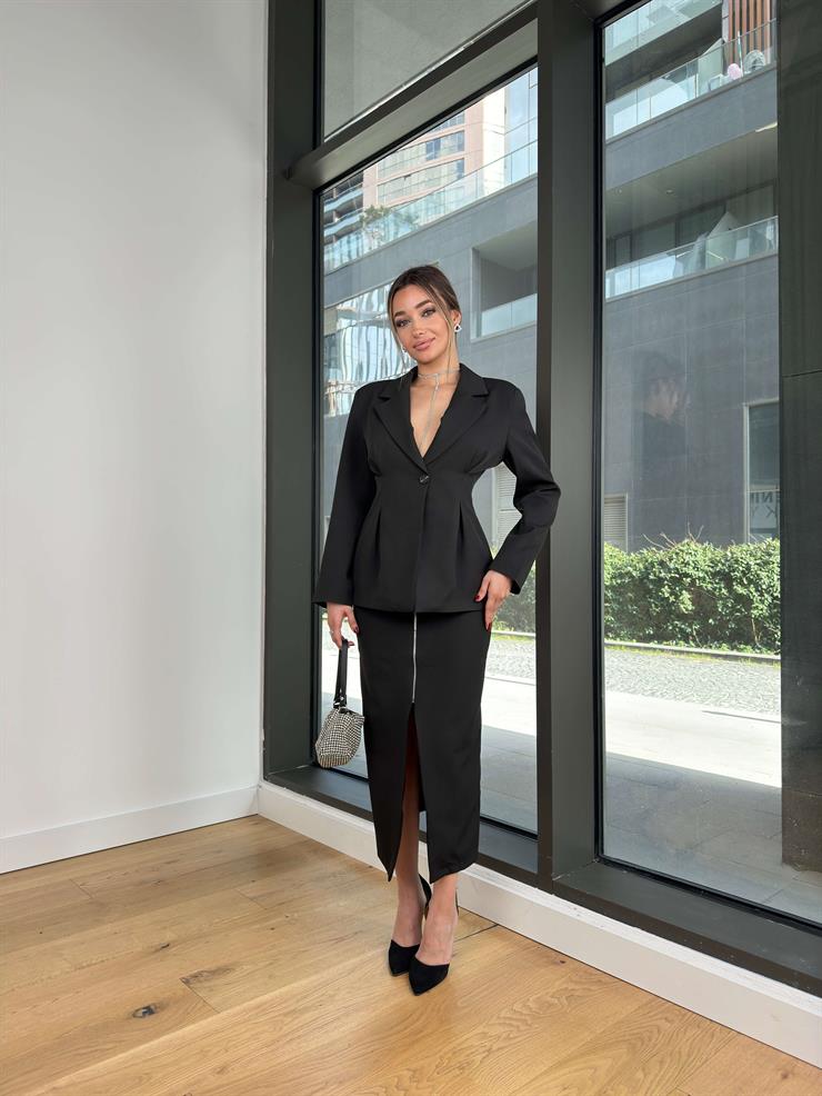 Yüksek Bel Yırtmaçlı Daly Siyah Kadın Uzun Etek 25Y032