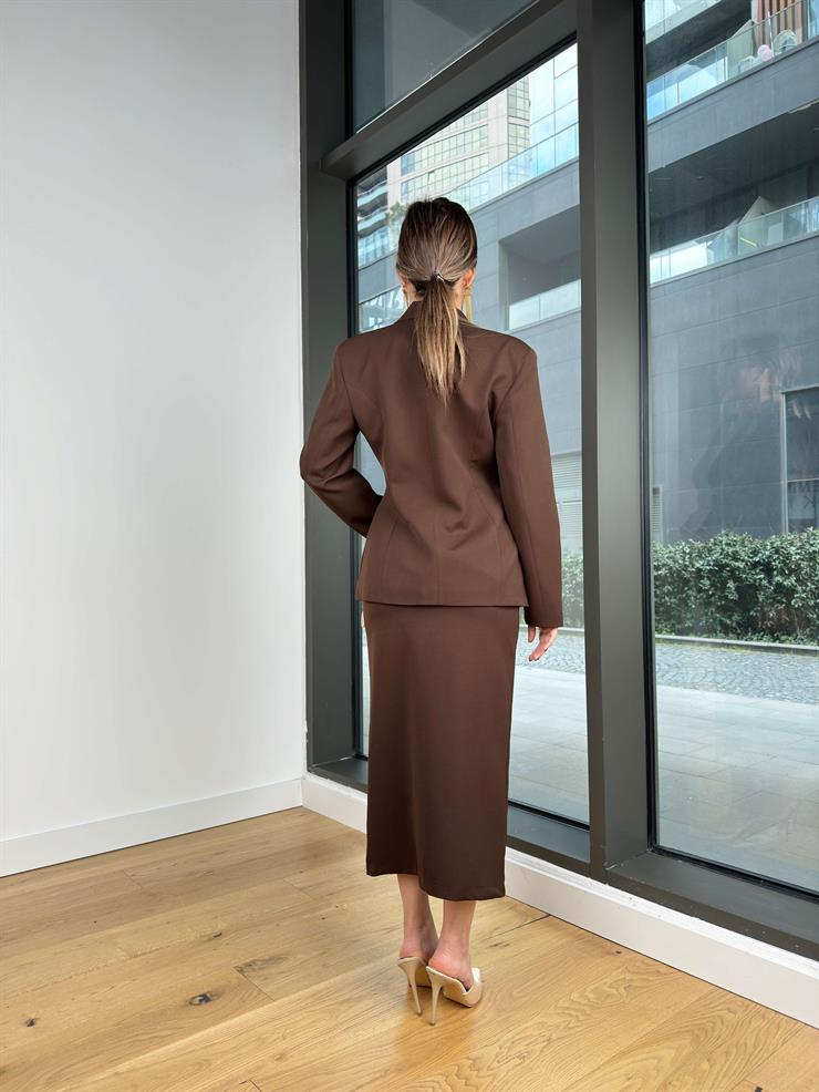 Yüksek Bel Yırtmaçlı Daly Kahve Kadın Uzun Etek 25Y032