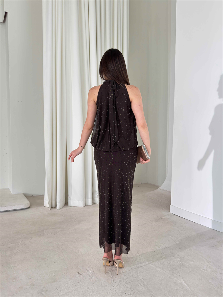 Boyundan Bağlamalı Taşlı Tül Maxi Kahverengi Damaris Kadın Elbise 26Y161