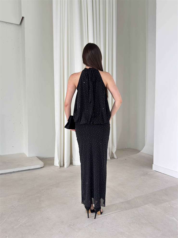 Boyundan Bağlamalı Taşlı Tül Maxi Siyah Damaris Kadın Elbise 26Y161