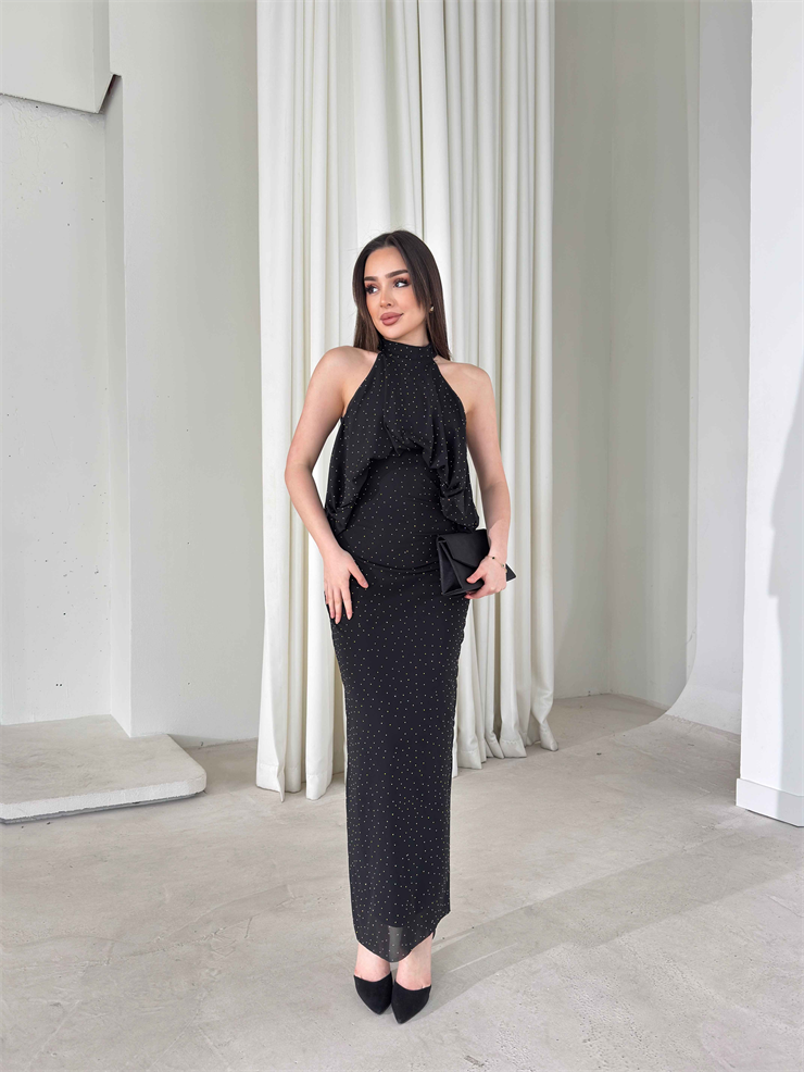 Boyundan Bağlamalı Taşlı Tül Maxi Siyah Damaris Kadın Elbise 26Y161