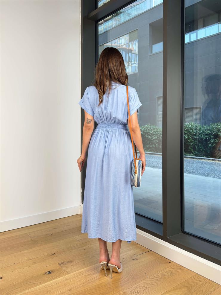 V Yaka Kolsuz Önü Düğme Kapamalı Damico Mavi Kadın Elbise 25Y464