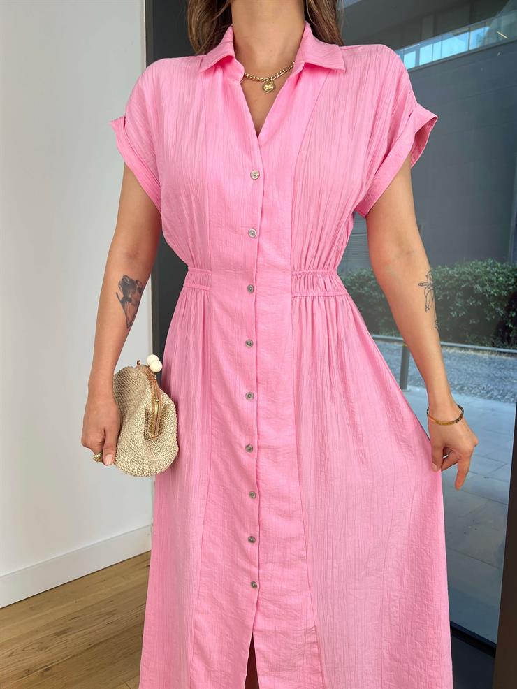 V Yaka Kolsuz Önü Düğme Kapamalı Damico Pembe Kadın Elbise 25Y464