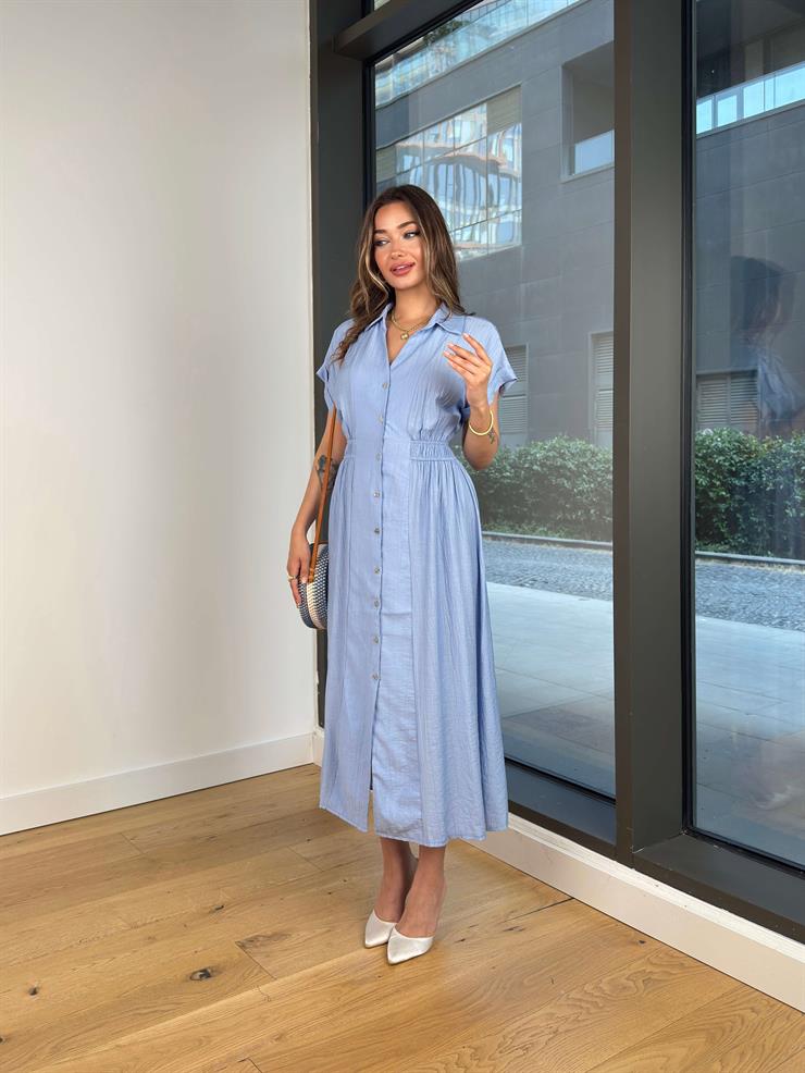 V Yaka Kolsuz Önü Düğme Kapamalı Damico Mavi Kadın Elbise 25Y464