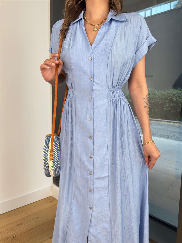 V Yaka Kolsuz Önü Düğme Kapamalı Damico Mavi Kadın Elbise 25Y464