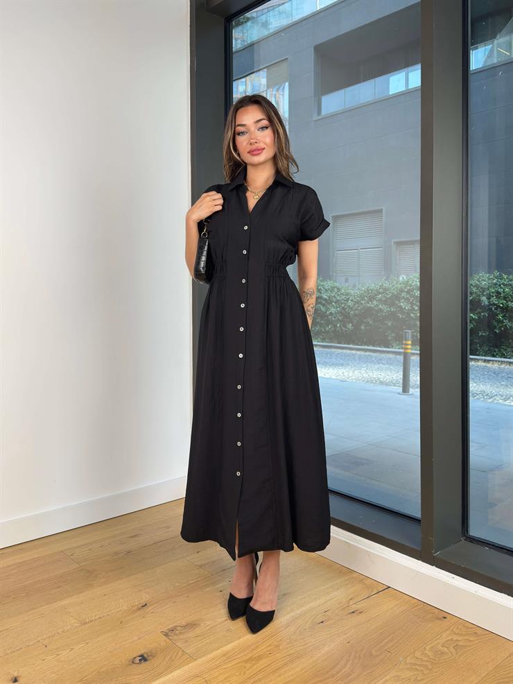 V Yaka Kolsuz Önü Düğme Kapamalı Damico Siyah Kadın Elbise 25Y464